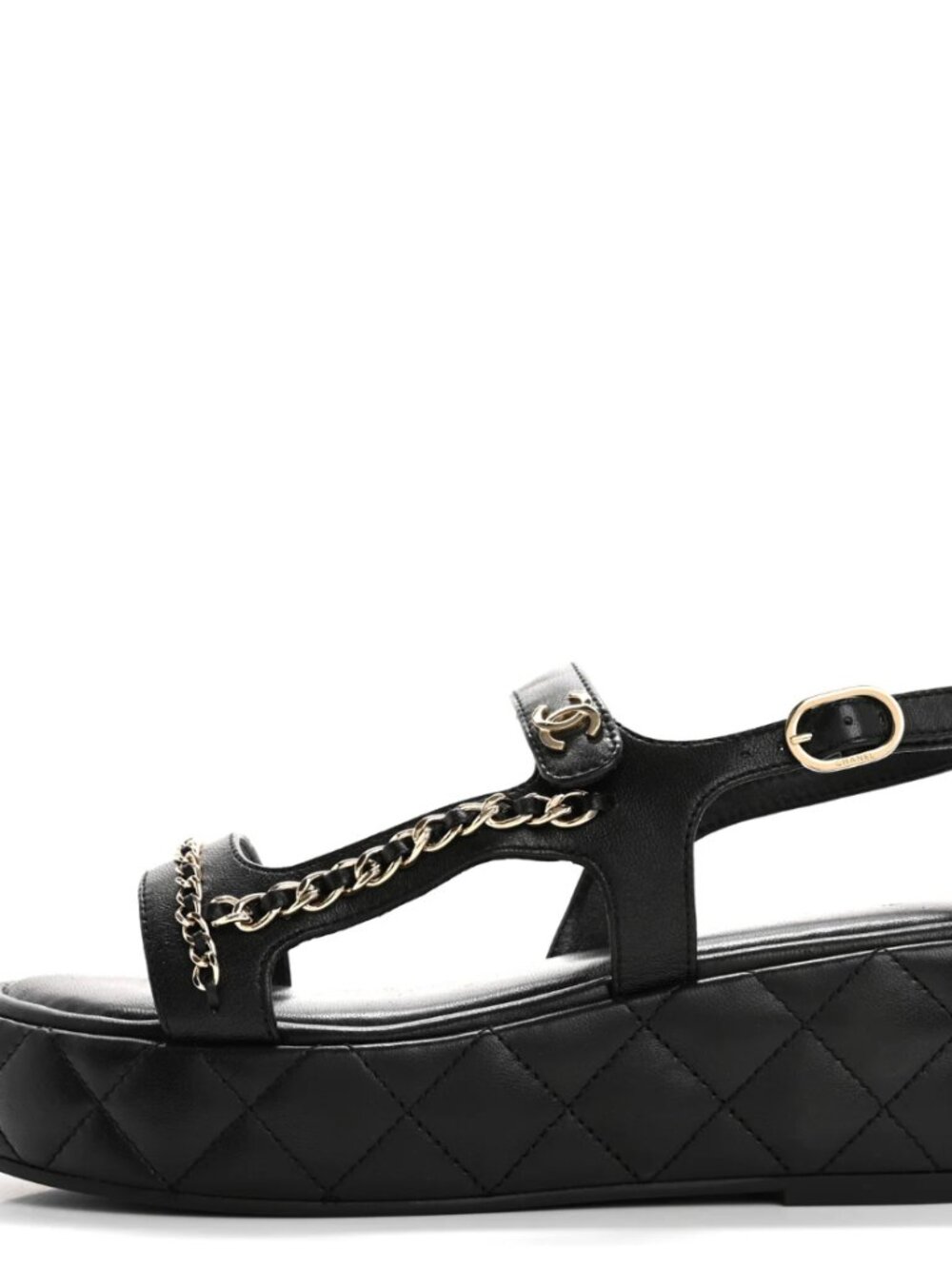 CHANEL Black Leather Chain CC Quilted Platform Sandals Size 41
